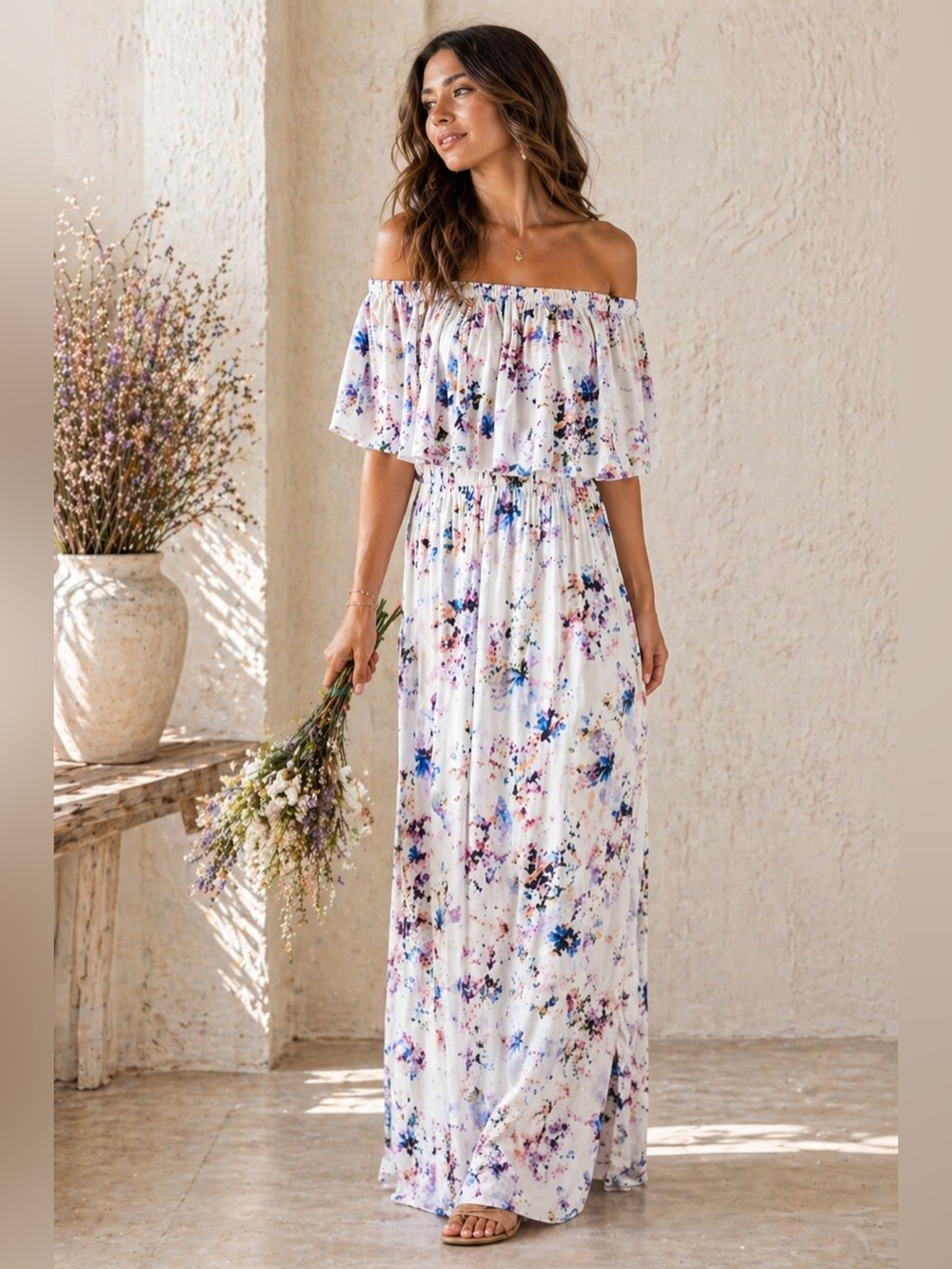 Show Me Your Mumu Hacienda Maxi Dress L Floral Off Shoulder Ruffle Bridesmaid - Picture 2 of 6